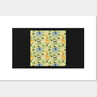 Jungle Safari Giraffe, Monkey, Turtle, Elephant Pattern Posters and Art